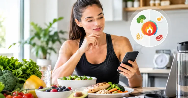A balanced healthy meal next to a digital nutrition tracker used to calculate how many calories should I eat a day.