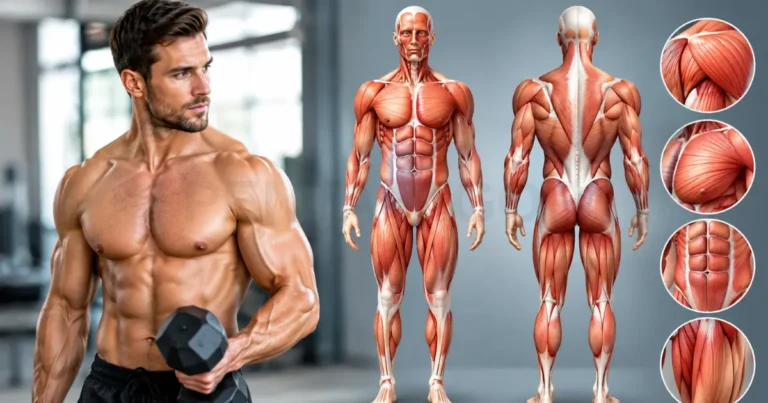 Medical illustration of human muscle anatomy showing anterior and posterior views of the major muscle groups.