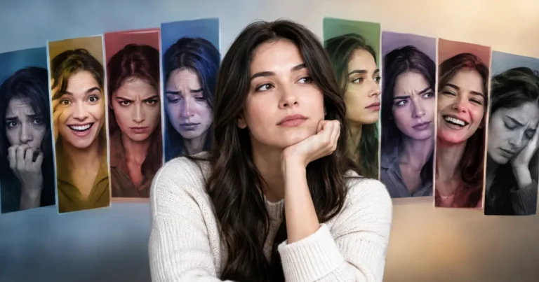 Editorial illustration of a human profile made of ten unique shapes, representing the different types of personality conditions.