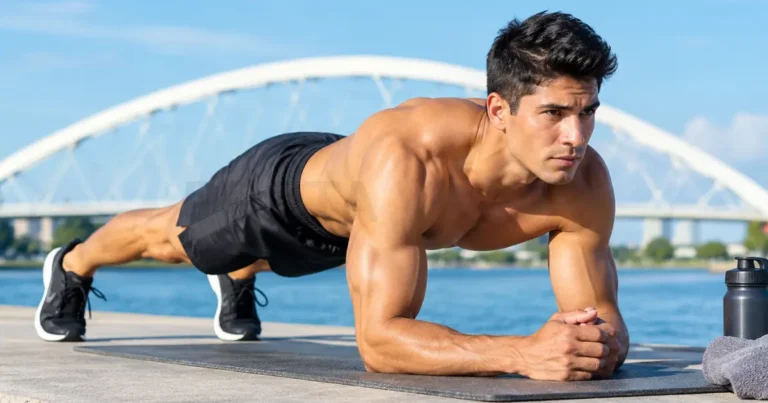 Muscular man demonstrating abs workout exercises by performing a forearm plank on an outdoor mat.