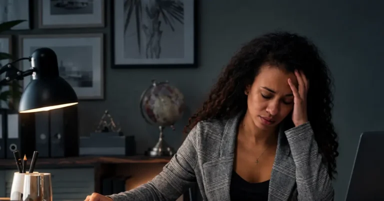 A professional looking overwhelmed by scattered sticky notes and notebooks at a desk, illustrating common signs of adhd in an adult.