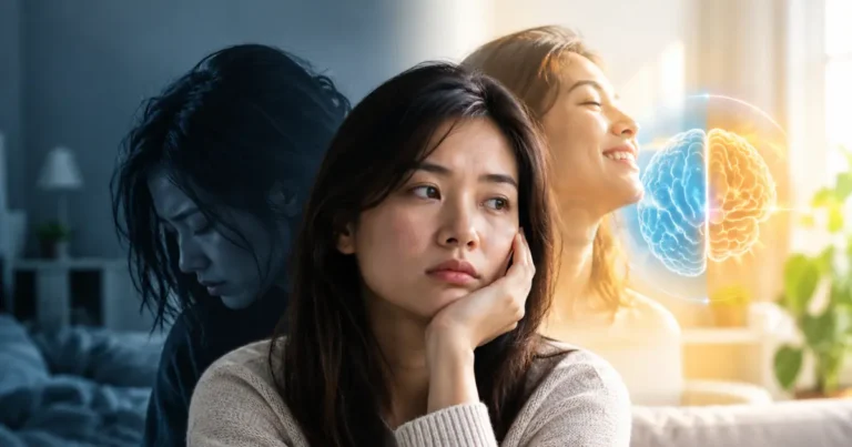 Conceptual illustration of a woman experiencing bipolar disorder, showing a neutral central figure flanked by a dark depressive shadow and a bright manic reflection.