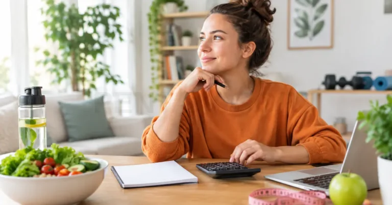Smiling woman planning her diet at a desk with healthy food, a laptop, and a calculator, representing the use of a BMR calculator.