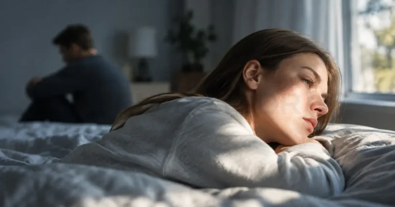 Woman looking distressed on a bed while a man sits turned away in the background, illustrating the relationship challenges associated with BPD borderline personality disorder.