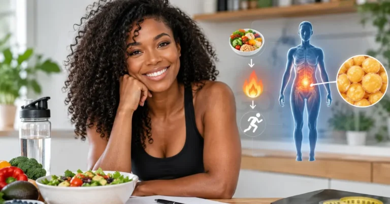 A Black American woman with natural curly hair wears athletic wear as she uses a digital kitchen scale for meal prepping fresh vegetables in a sunlit kitchen, illustrating tracking nutrition for a calorie deficit and healthy weight management.