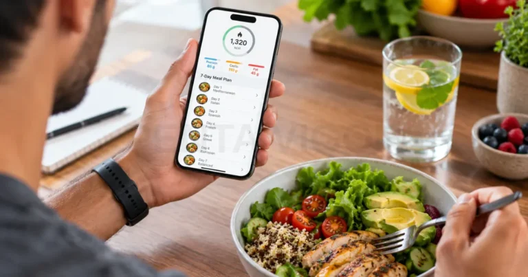 Person eating a healthy chicken and avocado salad while tracking a calorie deficit diet on a smartphone meal planning app.