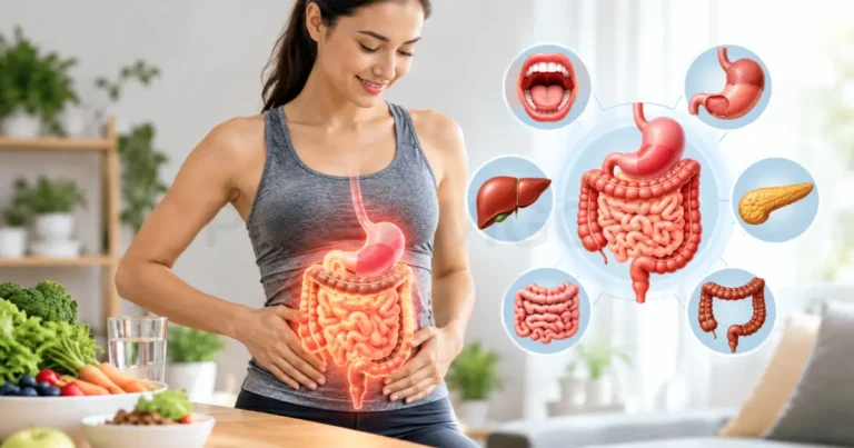 An anatomical overlay of the human digestive system on a woman standing near healthy food, accompanied by diagrams of individual digestive organs.