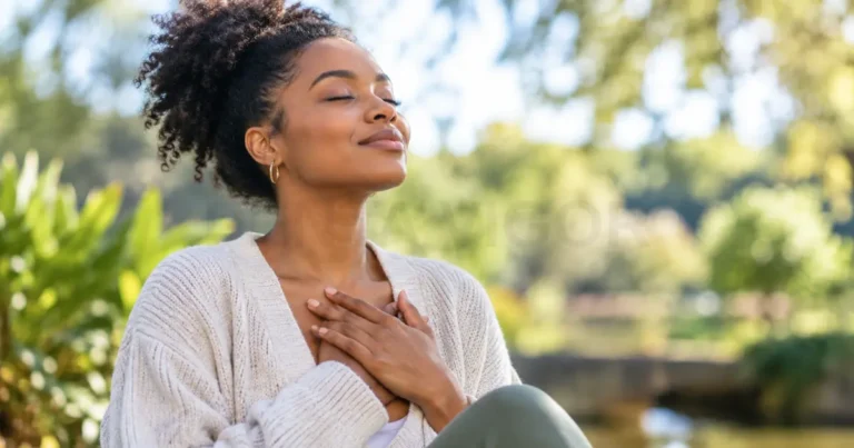 Woman practicing emotional self-care outdoors with hands over her heart and eyes closed in mindful reflection.