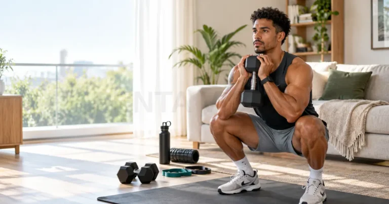 Brown-skinned Brazilian man performing home work out exercises on a yoga mat in a sunlit living room.