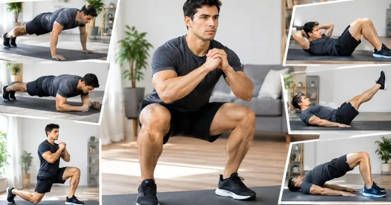 Collage of a man performing a full body home workout no equipment, featuring squats, push-ups, planks, and core exercises in a living room.