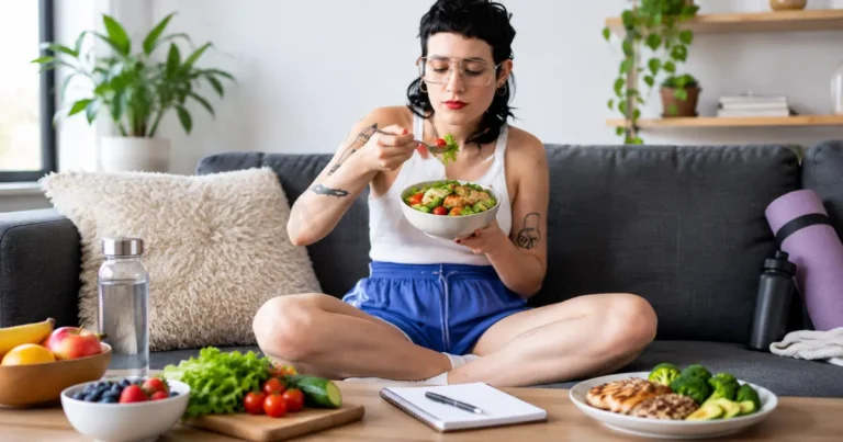 Woman eating a healthy salad and meal planning to figure out how many calories should a woman eat a day.