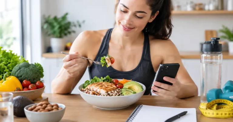 Woman eating a healthy salad while using her smartphone to track how many calories she should eat to lose weight.