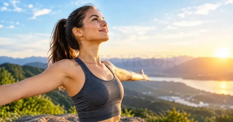 Confident woman with outstretched arms enjoying a mountain sunrise, illustrating self esteem how to improve through positive habits.
