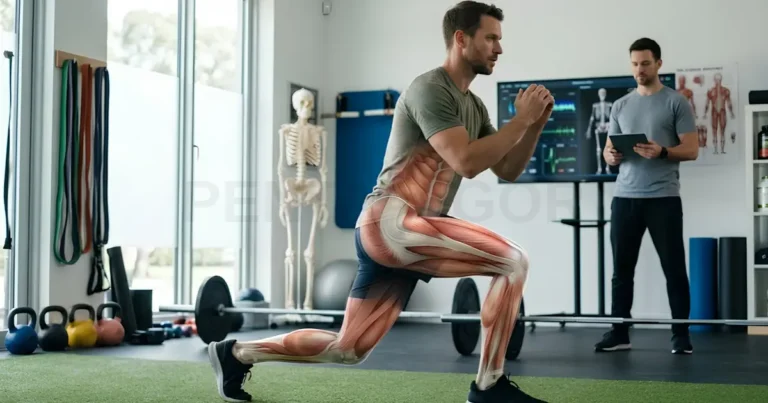 Human anatomy illustration overlaid on a man doing lunges, highlighting lower body and abdominal muscle groups.