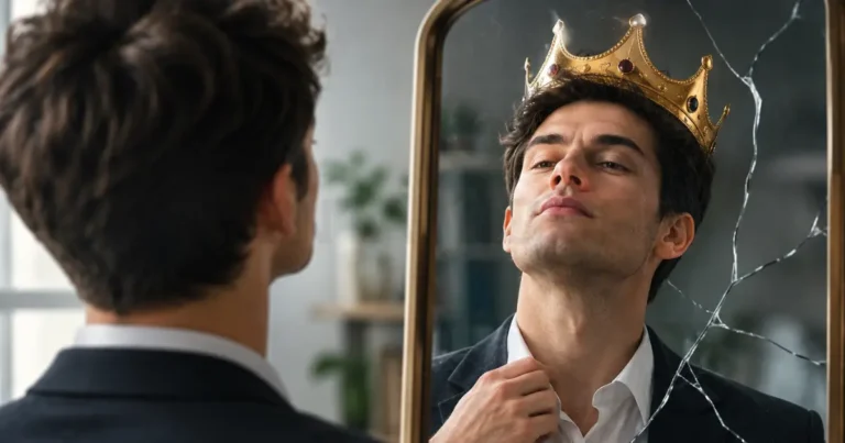 A man looking into a cracked mirror seeing his reflection wearing a gold crown, symbolizing narcissism.