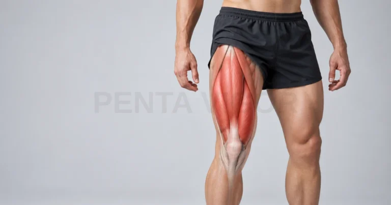 Anatomical illustration of the quadriceps femoris muscle overlaid on the right leg of a male athlete.