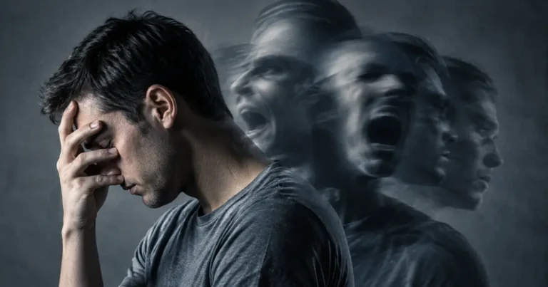 A distressed man holding his face, with multiple blurred, shouting faces layered behind him representing the psychosis and internal chaos of schizophrenia.