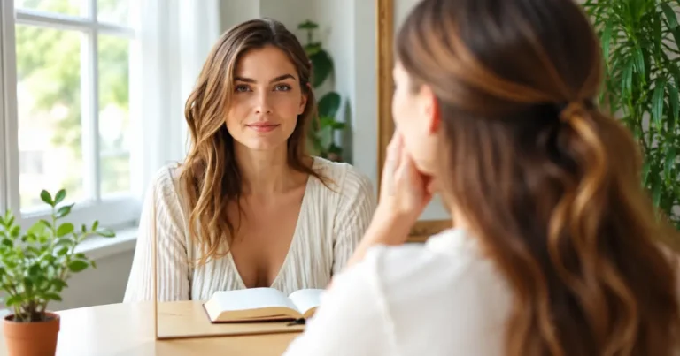 A woman practicing self-awareness by looking at her reflection in a mirror while sitting at a desk with an open book.