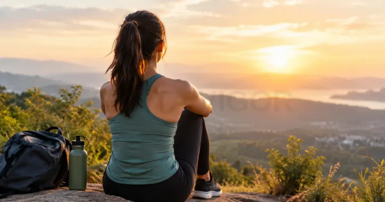 Woman relaxing on a rocky scenic overlook at sunset, illustrating outdoor self care tips for mental health.