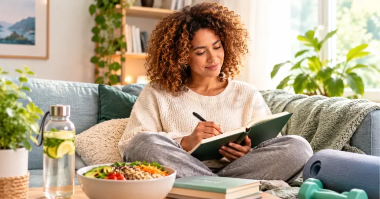 Woman journaling on a sofa surrounded by a healthy salad, lemon water, and yoga gear as part of a self health routine.