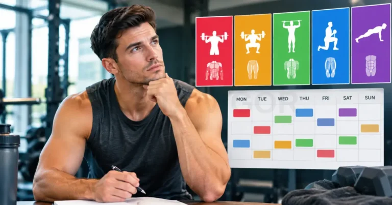A split-screen view of an athlete performing a lower-body squat and an upper-body shoulder press to demonstrate a weekly split exercise routine.