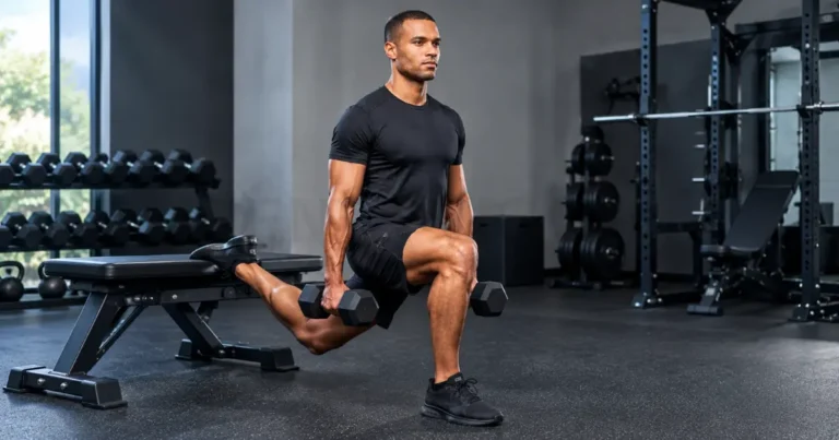 A man in a gym demonstrating a dumbbell split squat with his rear foot elevated on a bench.