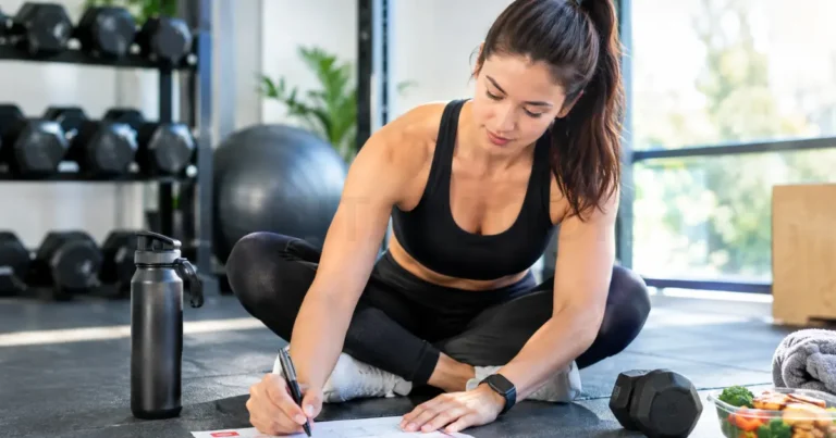 Flat lay of a weekly workout schedule planner surrounded by dumbbells, running shoes, and a water bottle.