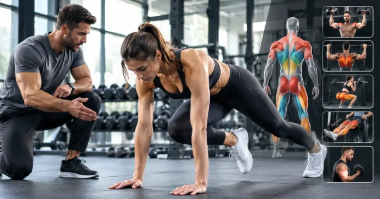 A woman performing floor work out exercises with a personal trainer, alongside a 3D muscle anatomy diagram highlighting targeted muscle groups.